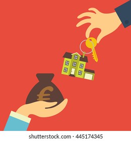 Vector real estate concept in flat style - hand agent holds a key with a tag in the form of homes, and buyer holds a money bag with euro symbol. Demand and supply