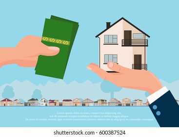 Vector real estate concept in flat style - businessman hand giving house and buyer give money, web banner, houses for sale or rent.