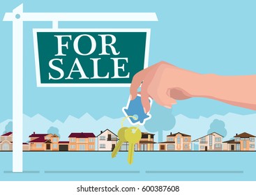 Vector real estate concept in flat style - hands giving keys, banner for sale, houses for sale or rent.