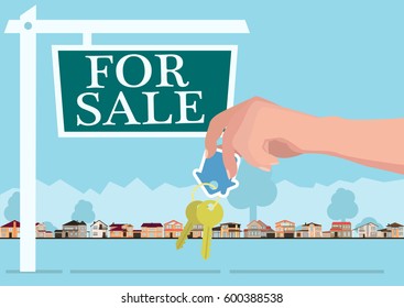 Vector real estate concept in flat style - hands giving keys, banner for sale, houses for sale or rent.