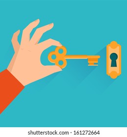 Vector real estate concept - hand holding golden key in flat style