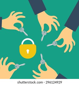 Vector real estate concept. Hands holding the keys and trying to open the lock. Hacking of confidential data