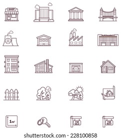 Vector real estate and construction icon set. Different properties - buildings, homes, offices, stores