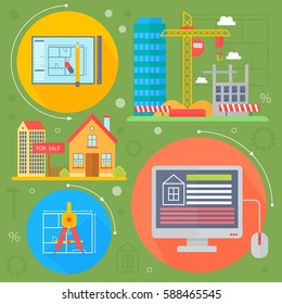Vector Real estate design concept set with sale and rental market apartment search improvements flat icons infographics design, web elements, poster banners. Vector illustration.