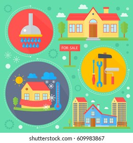 Vector Real estate design concept set with sale and rental market apartment search improvements flat icons infographics design, web elements, poster banner. Vector illustration.