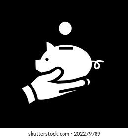 vector real estate hand holding piggy money box icon | modern flat design white pictogram isolated on black background
