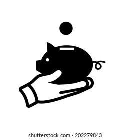 vector real estate hand holding piggy money box icon | modern flat design black pictogram isolated on white background