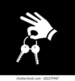 vector real estate hand holding keys icon | modern flat design white pictogram isolated on black background