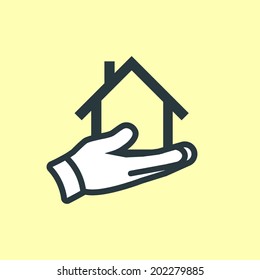vector real estate house in hand icon | modern flat design pictogram of hand holding house isolated on yellow background