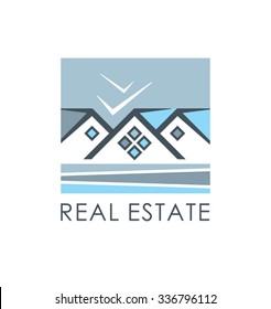 Vector real estate icon. Cottage is near the sea.
