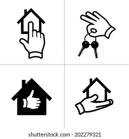vector real estate icon set with hands and gestures | modern flat design white pictogram isolated on black background