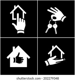 vector real estate icon set with hands and gestures | modern flat design white pictogram isolated on black background
