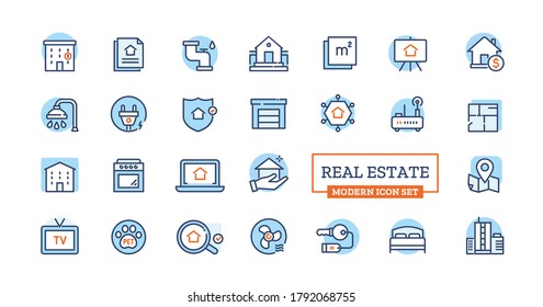 Vector Real estate icons. Property, apartment sale, rent, hotel booking, mortgage pictogram set for dashboard or application interface