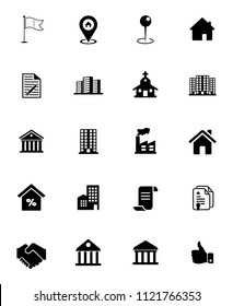 Vector Real Estate Icons, Sale And Rent Sign Symbols - Commercial Residential Building. Property Mortgage Silhouette