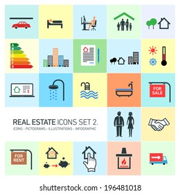 Vector Real Estate Icons Set Modern Flat Design Pictograms On Colorful Background