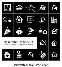 vector real estate icons set modern flat design pictograms white isolated on black background