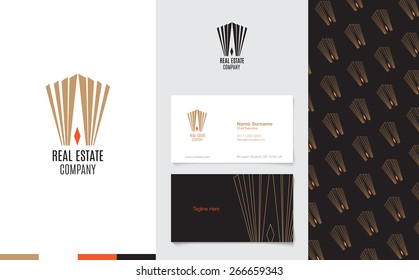 Vector : Real Estate Logo with business name card and corporate pattern in luxury geometric style, Branding concept