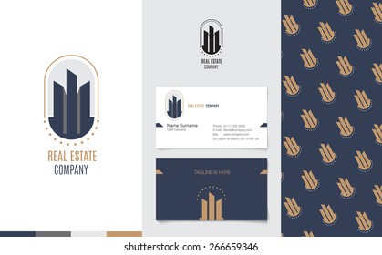 Vector : Real Estate Logo with business name card and corporate pattern in luxury geometric style, Branding concept