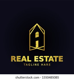 Vector real estate logo design. House for sale or make a sign template. Entity, rent, sell, buy, invest or landscape business identity. A charming simple house with a beautiful golden color.