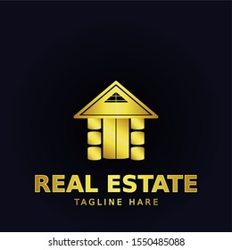 Vector real estate logo design. House for sale or make a sign template. Entity, rent, sell, buy, invest or landscape business identity. A charming simple house with a beautiful golden color.