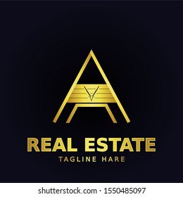 Vector real estate logo design. House for sale or make a sign template. Entity, rent, sell, buy, invest or landscape business identity. A charming simple house with a beautiful golden color.