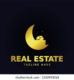 Vector real estate logo design. House for sale or make a sign template. Entity, rent, sell, buy, invest or landscape business identity. A charming simple house with a beautiful golden color.
