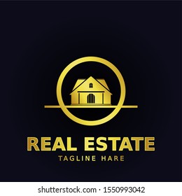 Vector real estate logo design. House for sale or make a sign template. Entity, rent, sell, buy, invest or landscape business identity. A charming simple house with a beautiful golden color.