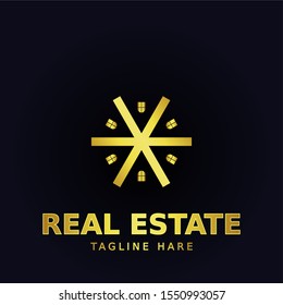 Vector real estate logo design. House for sale or make a sign template. Entity, rent, sell, buy, invest or landscape business identity. A charming simple house with a beautiful golden color.