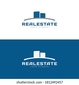 Vector real estate logo design in blue and white color
