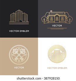 Vector real estate logo design templates in trendy linear style - houses and buildings