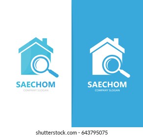 Vector of real estate and loupe logo combination. House and magnifying glass symbol or icon. Unique rent and search logotype design template.