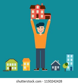 Vector real estate market concept. Man chose a house to buy or rent from many others