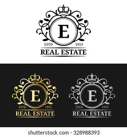 Vector real estate monogram logo templates. Luxury letters design. Graceful vintage characters with crown symbols illustration. Used for invitation, business card etc.