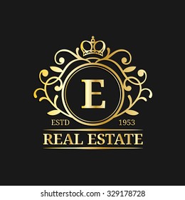 Vector real estate monogram logo template. Luxury letter design. Graceful vintage character with crown symbol illustration. Used for invitation, business card etc.