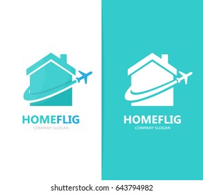 Vector of real estate and plane logo combination. House and travel symbol or icon. Unique rent and flight logotype design template.