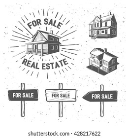 Vector real estate silhouette illustrations, logotypes. Black and white house icons