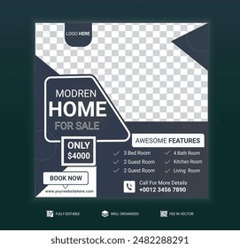 Vector Real Estate Social Media Post Design Template. Real Estate or Home Sale Social Media Promotion.