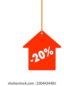 Vector real estate tag hanging on a string in red with a 20% percent discount