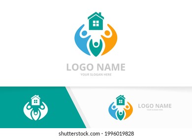 Combinación de vectores inmobiliarios y logotipo de equipo. Plantilla de diseño de logotipo de casa y familia.