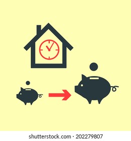 vector real estate time valuation icon piggy money box and profit getting bigger during time | modern flat design white pictogram isolated on yellow background