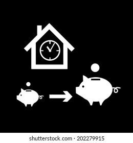 vector real estate time valuation icon piggy money box and profit getting bigger during time | modern flat design white pictogram isolated on black background