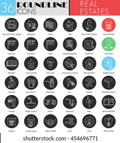Vector Real estates circle white black icon set. Modern line black icon design for web