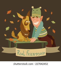 Vector real friendship of man and dog