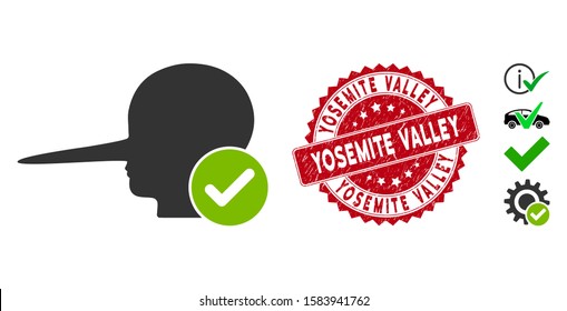 Vector real liar icon and rubber round stamp watermark with Yosemite Valley text. Flat real liar icon is isolated on a white background. Yosemite Valley stamp uses red color and scratched surface.