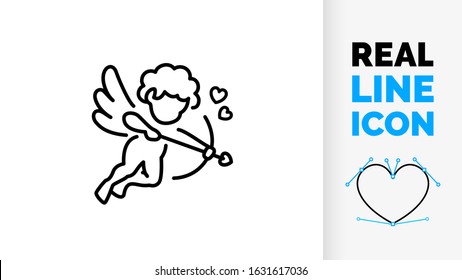 Vector real line icon drawing of 
Cupid shooting his love arrow flying with hearts for romance and couples on valentines day in a black clean stroke illustration logo design on a white background