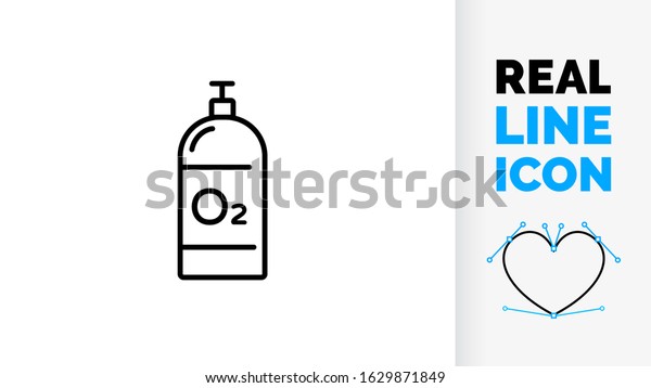 Vector real line icon of a\
liquid compressed industrial gas tank, container or canister with\
oxygen O2 with an editable black stroke weight on a white\
background