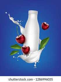 Vector realisic illustration of blank plastic white bottle for yogurt with cherry in milk splash isolated on background