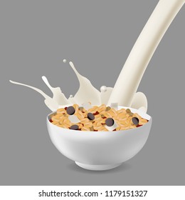 Vector realism illustration design template with muesli in bowl with milk or yogurt. Diet and healthy lifestyle concept