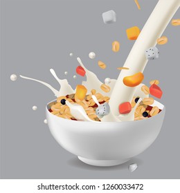 Vector realism illustration design template with muesli with fruits and berries in bowl with milk or yogurt. Diet and healthy lifestyle concept