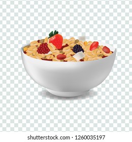 Vector realism illustration design template with muesli with fruits and berries in bowl with milk or yogurt. Diet and healthy lifestyle concept